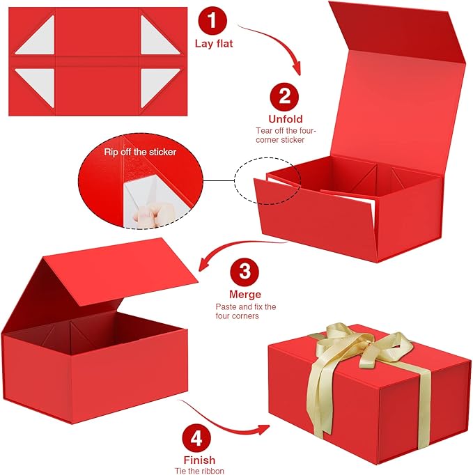 MOYEUPAC Red Gift Box,9" X 7" X 4" with Lids for Presents Magnetic Closure Gift Packaging for Christmas,Thanksgiving Halloween, Birthday Red with Ribbon
