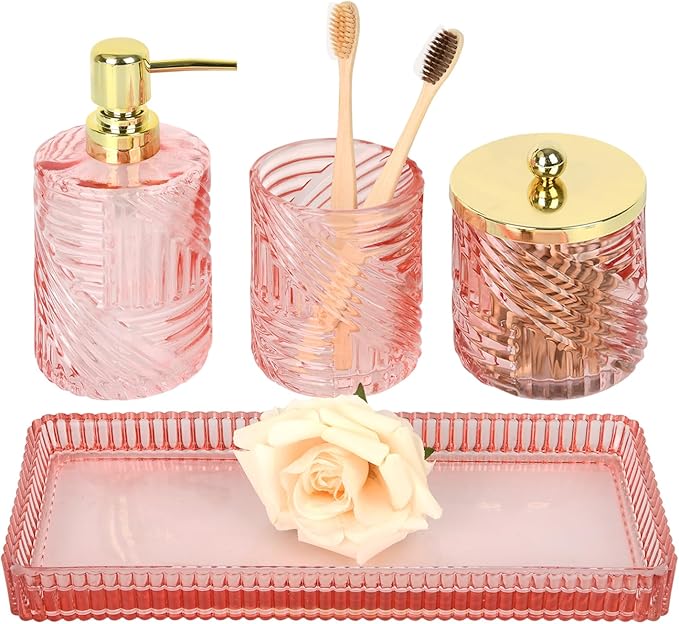 Bathroom Accessories Set,4 Pcs Pink Glass Bathroom Accessories Sets Complete with Lotion Soap Dispenser,Toothbrush Holder,Qtip Holder Dispenser and Vanity Tray,Bathroom Countertop Vanity Organizer