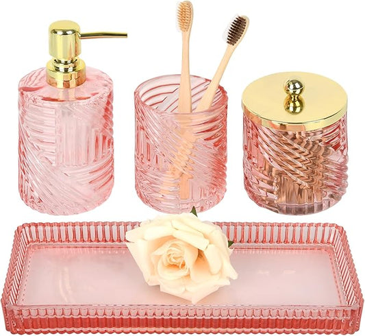 Bathroom Accessories Set,4 Pcs Pink Glass Bathroom Accessories Sets Complete with Lotion Soap Dispenser,Toothbrush Holder,Qtip Holder Dispenser and Vanity Tray,Bathroom Countertop Vanity Organizer
