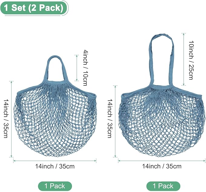 2-Pack Cotton Mesh Bag, Reusable Washable Mesh Net String Grocery Bags, Reusable Produce Bags with Handle, Net Tote Bag for Fruits Shopping [Gray-Blue, Long&Short Handle]