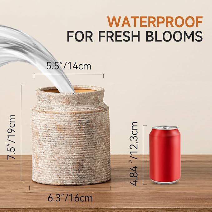 Ceramic Flower Vase 7.5 inch Farmhouse Rustic Vase for Home Decor Handcrafted Pottery Terracotta Vases for Dining Table Decor Fireplace Living Room Bathroom Wedding Centerpiece (L-Terracotta)