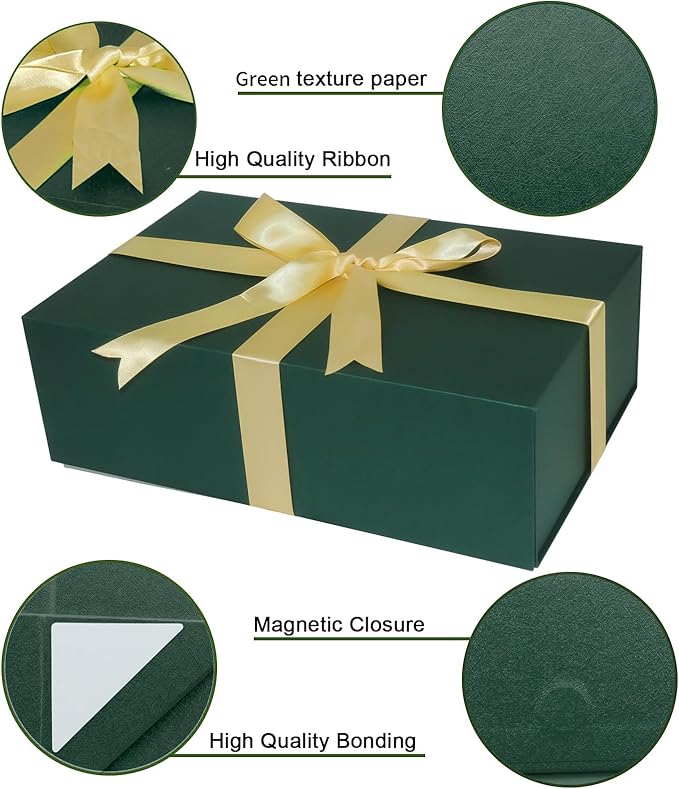 YINUOYOUJIA Large Green Gift Boxes with Lid,14"x9"x4.5" Magnetic Gift Box with Ribbon,Cards and Envelopes for Presents,Great for Wedding,Birthdays,Crafting,Gift Packaging.