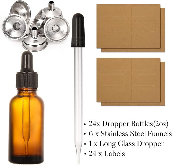 24 Pcs, 2 oz Dark Amber Dropper Bottles with 6 Small Funnels & 1 Long Glass Labels - 60ml Tincture Bottles w/ Eye Dropper for Essential Oils, Perfume, Hair Oil, Liquids - Leak Proof Travel Bottles