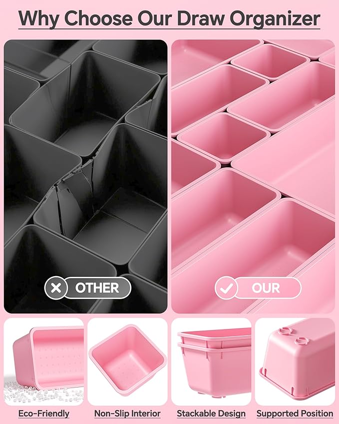 25 PCS Plastic Drawer Organizers Set, 4 Sizes Vanity Organizer, Makeup and Desk Drawer Organizer Trays, Organization and Storage for Makeup, Bathroom, Kitchen Utensils and Office (Pink)