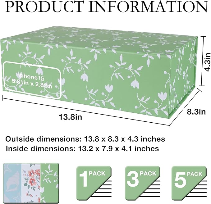 Green Leaves Gift Box with Magnetic Lids 13.8x8.3x4.4 in, Large Bridesmaid Proposal Boxes, Rectangle Wedding Decorative Storage Box 1 Pack