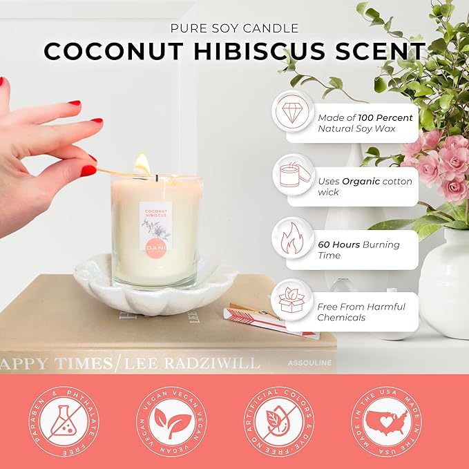 DANI Naturals Soy Candle - Coconut Hibiscus Scented, 100% Pure Soy Wax, Kosher, Non-Toxic, Long-Lasting Burn - 7.5 oz