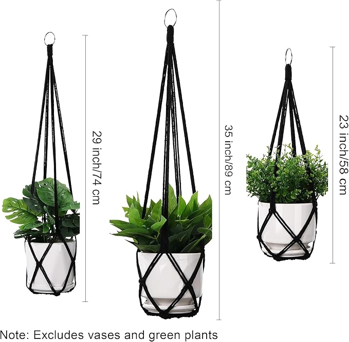 YIBOT 3 Pack Black Macrame Plant Hanger Indoor Hanging Planter Basket with 3 Hooks, 35"/29"/23" Crochet Plant Holder Stand No Tassels for Indoor Outdoor Boho Home Decor (POTS NOT Included)
