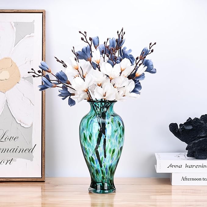 Hand Blown Glass Vase 11.8" Tall Beautiful Turquoise Sea Wide Mouth Bud Vase for Table Centerpiece, Painted Colorful Murano Glass Flower Vases for - Home Entrance Wedding Center