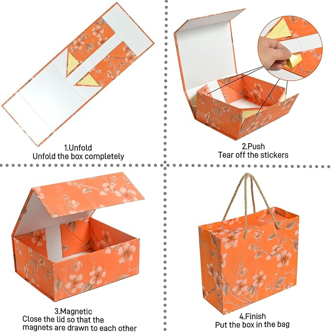 Luxury Gift Box with Magnetic Lid, Finished Size 9.8×7.9×4 In,Collapsible Rectangle Storage Box with Gift Bag for Wedding,Birthday, Party,Christmas,Valentine's Day‘s Gift