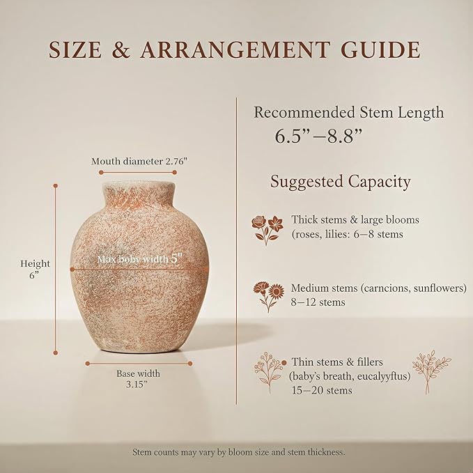 Ceramic Flower Vase, 6-Inch Terracotta Pottery Rustic Farmhouse Boho Vase, Handcrafted Decorative Vase for Home Decor, Centerpieces, Table, Living Room, Mantel, Shelf