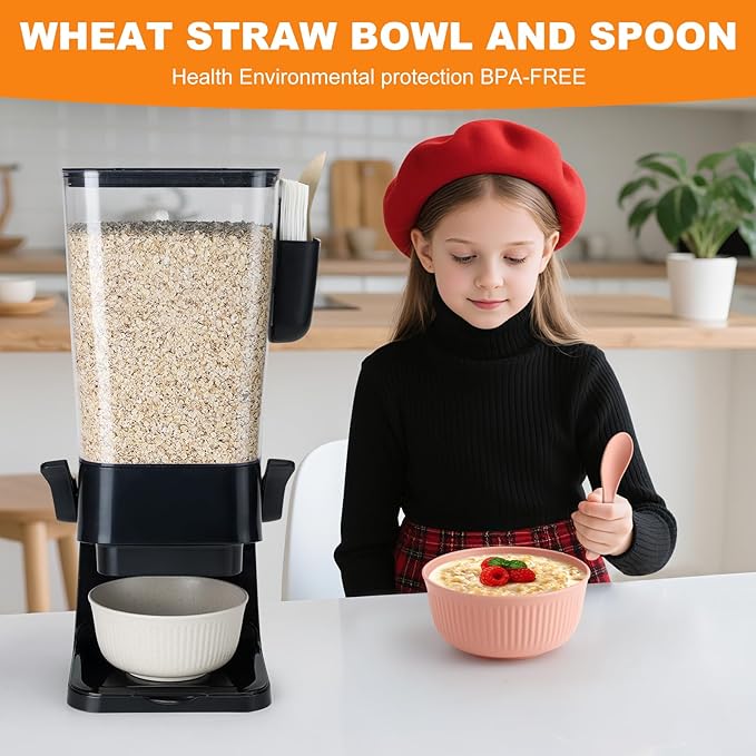 Cereal Dispenser Countertop Black 2 Pack with Bowls Spoons Cutlery Box,5.5 QT Dry Food Dispenser Snack Organizer Containers Storage for Pantry Kitchen Organization Oatmeal Nut Granola Candy