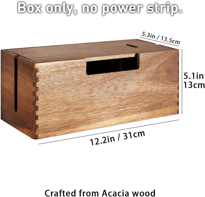 Acacia Wood Cable Management Box, Wooden Cord Hider & Organizer for Power Strip, Electrical Hiding, TV Wires, Desk & Floor Cables - Office Under Desk Cable Storage Box for Wire Storage Organization