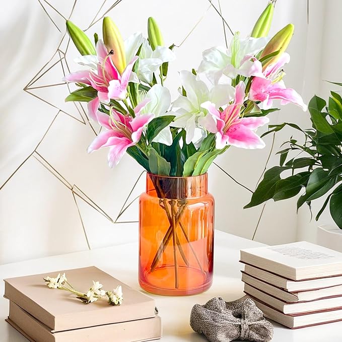 BLOFLO Orange Glass Vase, 9 Inch Large Glass Vase for Flowers, Modern Thick Glass Flower Vases for Centerpieces, Decorative Glass Cylinder Hydroponic Vase for Wedding, Home, Office (Orange, 9Inch)