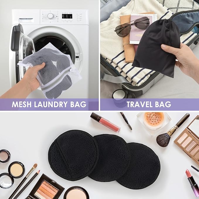 SUNLAND Reusable Makeup Remover Pads for Face,Eye,Lips 32 Pack Microfiber Face Cleansing Gloves Washable with Laundry Bag and Travel Bag Rounds Toner Pads（Round 3.15inchx32,Black）