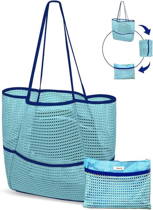 Mesh Beach Tote Bag Packable,2025 New 2-in-1 Large Lightweight Foldable Beach Bags with Multiple Pockets for Women