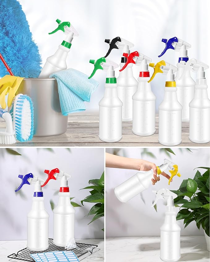 Eccliy 20 Pack 16oz Empty Spray Bottles, Leakproof Cleaning Bottles with Measurement and Adjustable Nozzle for Housekeeping, Commercial Use(Cylinder,3 Colors Spray Head)