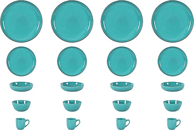 Stoneware Euro-Nordic 20pc Dinnerware Set, Shiny Turquoise Glaze with Speckle Effect