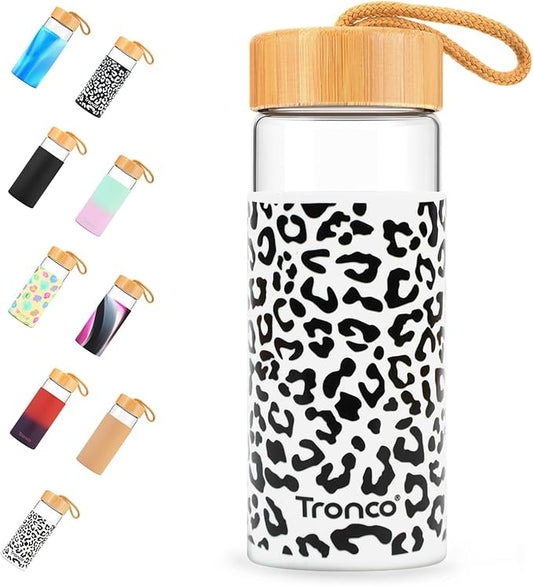 Tronco 20oz Borosilicate Glass Water Bottle with Bamboo Lid, Non-Slip Silicone Sleeve, Leak-Proof and Reusable Glass Bottle Perfect for gifts,Travel, Gym, and Everyday Use, BPA-Free, Dishwasher Safe