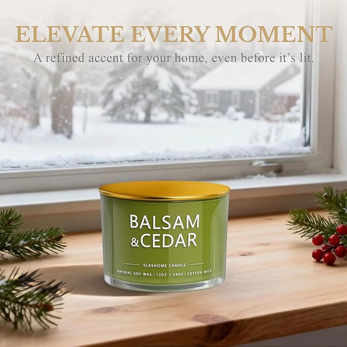Balsam Cedar Candle, Large 3 Wick 12oz Soy Scented Candle, Luxury Christmas Birthday & Holiday Gift for Women & Men, Long Lasting 60+ Hour Clean Non-Toxic Burn, Elegant Winter Home Decor