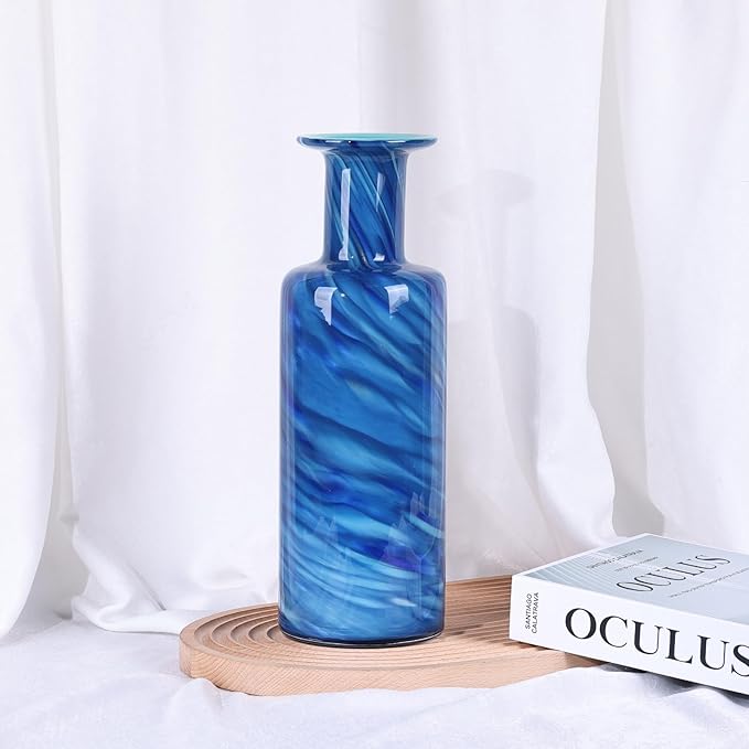Blown Glass Cylindrical vase, Modern Art Glass Tall vase for Home Decoration Table Centerpiece, Wedding, Living Room Coffee Table, entryway Entry Table top, TV Cabinet Decoration and Ornament. (Blue)