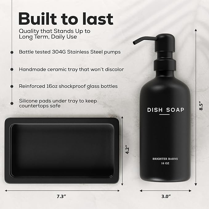 Black Glass Hand and Dish Soap Dispenser Set by Brighter Barns - Kitchen Soap Dispenser Set with Tray for Home, Airbnb, Vacation Rental, Gift - Minimalist Home Decor, Modern Kitchen Decor (Black)