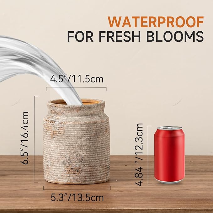 Ceramic Flower Vase 6.5 inch Farmhouse Rustic Vase for Home Decor Handcrafted Pottery Vase Small Terracotta Vases for Dining Table Decor Fireplace Living Room Bathroom Wedding Centerpiece(M-Terra)