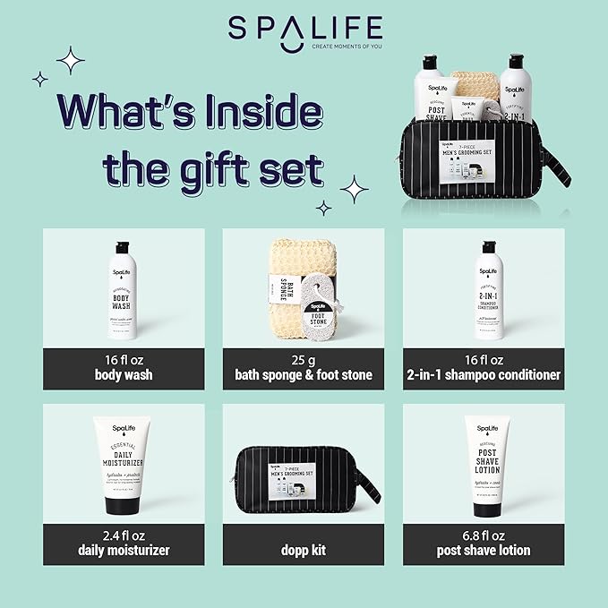 SpaLife 7-Piece Men's Body Care Gift Set | Mens Gift Set with 2-in-1 Shampoo & Conditioner, Body Wash, Moisturizer, Post-Shave Lotion, Sponge & Foot Stone | Christmas Gifts for Men | 7-Piece Bundle