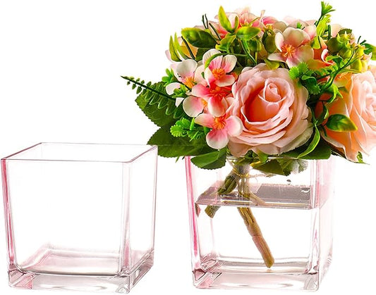 Square Pink Glass Vases Set of 2, 6" x 6" x 6" Square Vase for Centerpieces, Flower Vases for Centerpieces, Small Vase for Wedding, Party, Home Office Decoration