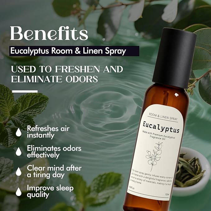 Eucalyptus Linen and Room Spray, Fragrant Room Spray, Odor Eliminator, Long Lasting Air Fresheners for Home, Bedding, Fabrics, 8.12 fl oz