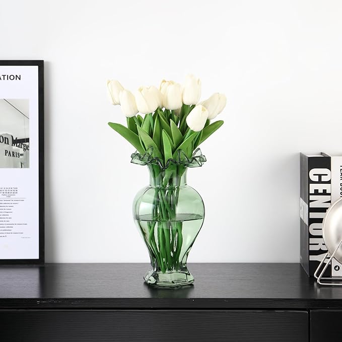 Large Glass Vase, Green Vase for Flowers, Flower Vases for Bouquet, Glass Flower Vases for Living Room, Dining Table, Shelf, Wedding, Office, Coffee Table, 9.5 Inches