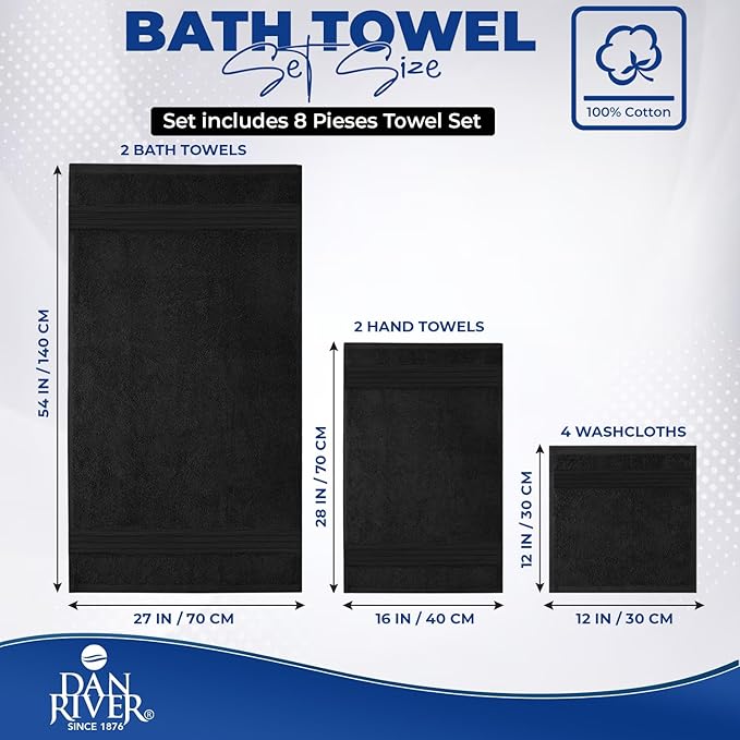 DAN RIVER 8 PC Luxury Bath Towels for Bathroom, 2 Bath, 2 Hand, and 4 Wash Cloths, 600 GSM 100% Ring Spun Cotton Towel Set, Highly Absorbent, Gym, Hotel, and Spa, Black