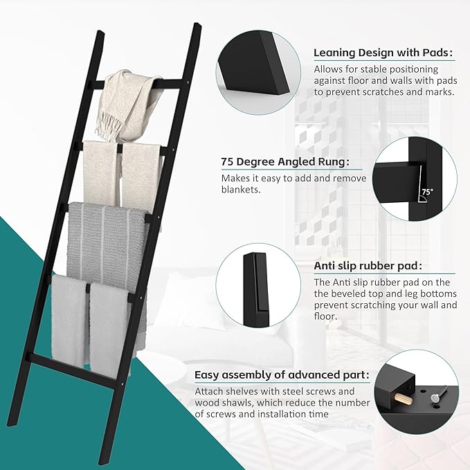 Blanket Ladder, Bamboo 5-Layer Towel Racks, Blanket Quilt Towel Holder Rack Decorative Ladder, Easy Assembly, Rustic Farmhouse Ladder Shelf for Living Room, Bedroom, Bathroom, Home Decor, Black