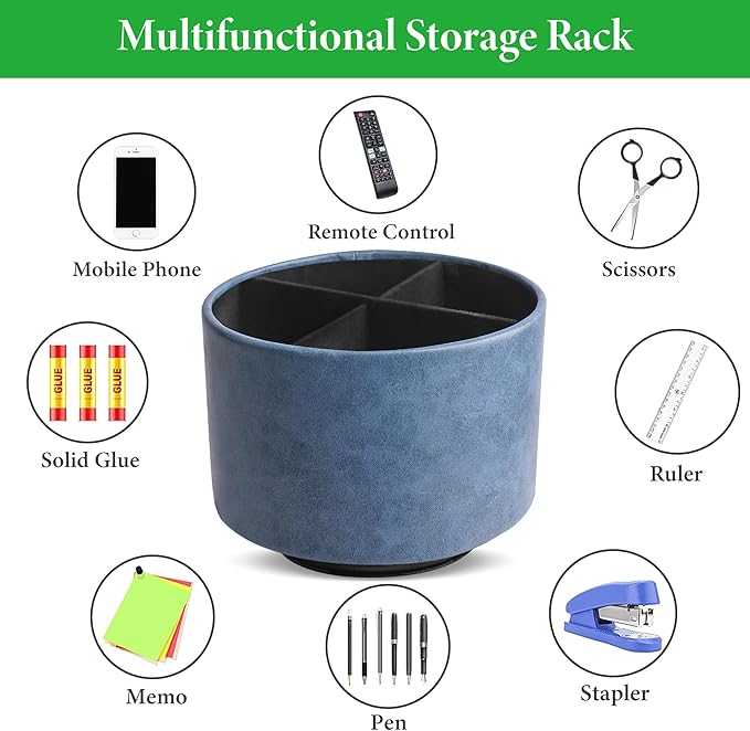 Hennaja Round Leather Art Supply Organizer,Remote Control Holder,360 Degree Spinning,Multi-Functional Pencil Holder,4 Compartments Desktop Stationary Organizer(1-Oil Blue)