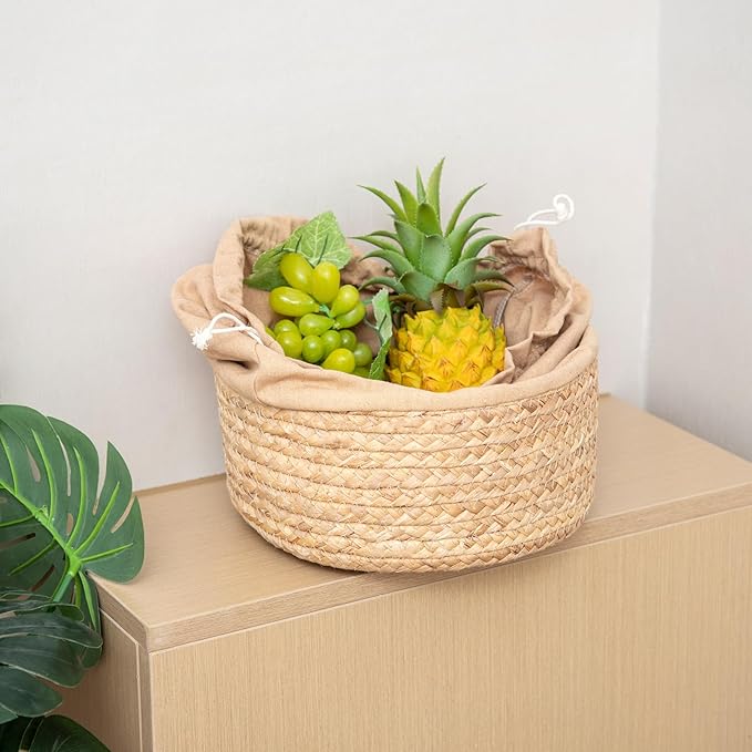 Round Gourd Grass Woven Storage Basket with Liner - Small Woven Baskets for Organizing Kitchens Closet Shelves Bathrooms and Laundry Rooms - Round Basket (One Large)