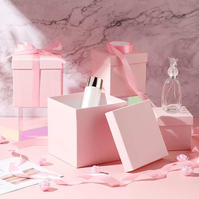 Cholemy 5 Pcs Square Nesting Boxes Decorative Gift Boxes with Lid and Ribbon Assorted Sizes Wrap for Wedding, Thanksgiving, Christmas, Anniversary, Birthday, Bridal Party(Pink)