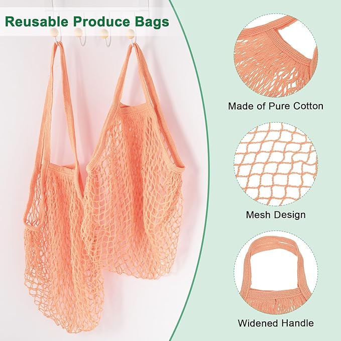 2-Pack Cotton Mesh Bag, Reusable Washable Mesh Net String Grocery Bags, Reusable Produce Bags with Handle, Net Tote Bag for Fruits Shopping [Pink Brown, Long&Short Handle]