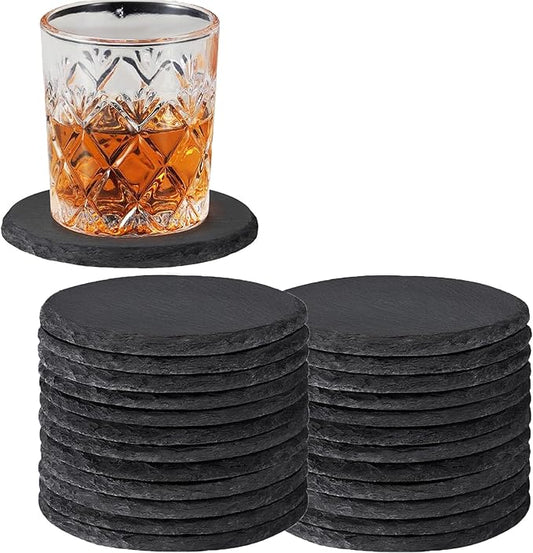 24 PCS Slate Drink Coasters Bulk, MAPRIAL 4 Inch Round Black Rustic Stone Coasters, Laser Engraving Blanks with Anti-Scratch Backing for Engraver, Wedding, Gifts, Home Decor, Bar