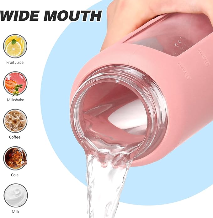 24oz Glass Water Bottle with Straw and 2 Lids-Bamboo and Spout Lid, Borosilicate Glass Water Bottle with Silicone Sleeve and Time Marker,BPA Free & Cupholder Friendly,Pink