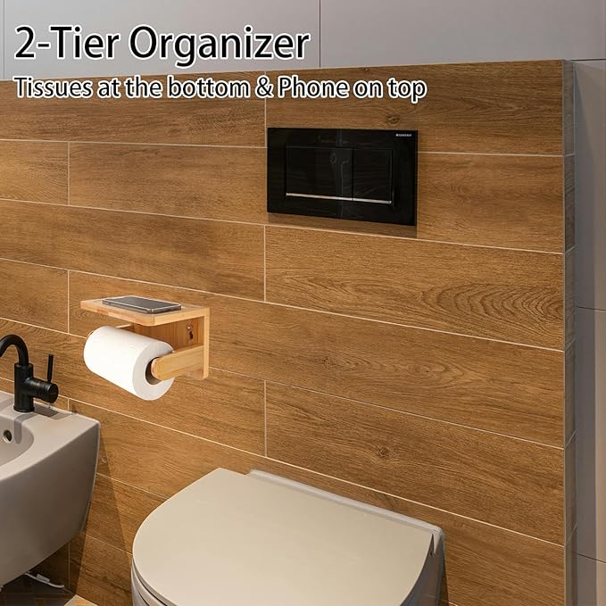 Drill-Free Toilet Paper Holder with Phone Shelf Bamboo Wall-Mounted, No-Drill & Drillable, Bathroom Storage Organizer, Space Saver Tissue Roll Rack for Bathroom, Kitchen, Home Decor (Natural)