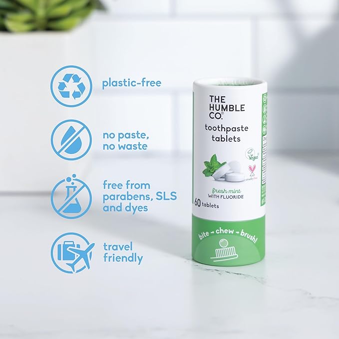 The Humble Co Chewable Toothpaste Tablets with Fluoride, Mint - Bite, Chew, Brush - Zero Water & Plastic Free Toothpaste Tabs - Travel-Friendly & Waste-Free Dental Oral Care Hygiene - 180 Count