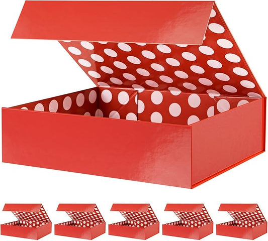 GREEN BEAN 6 Gift Boxes 13x9.7x3.4 Inches, Large Red Gift Boxes with Lids for Presents, Magnetic Shirt Gifts Boxes for Clothes (Glossy Metallic Red, Dot Design Inside)