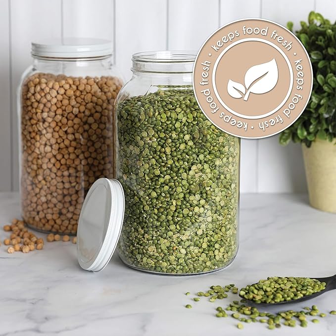 kitchentoolz Glass Flour & Sugar Jar Set - Large Gallon Glass Jars with Metal Airtight Lids- Containers for Pantry Storage - Big Mason Jars & Caps Made in USA