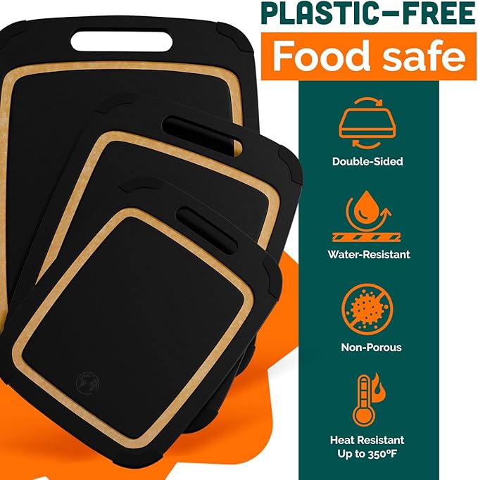 Earth’s Dreams Wood Cutting Board Set 3-Piece: Small, Large & Extra Large - Charcuterie Board, Non-Plastic, Non-Toxic, Heavy-Duty, Dishwasher Safe (Black/Tan)