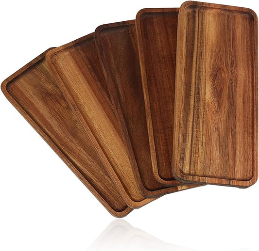 GNIEMCKIN Wooden Serving Platter, 11.8 x 5.1 Inch, Set of 5, Acacia Wood Tray, Perfect for Serving Charcuterie, Desserts, Dips, Sushi, Parties, Family Gatherings, Weddings, and Home Decor