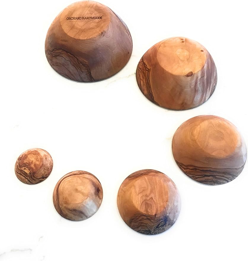 Nesting Set of 6 Artisan Olive Wood Serving Bowls. Unique Handmade Decorative Serve-ware for Fruit, Salad, Snacks, Condiments, Any Food. Small Mini Bowl 2" to Large 5.5-6.5"