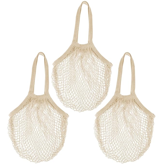 Zyzhogar 3 Pack Cotton Mesh Grocery Bags,Reusable Grocery Net Bags Washable Fruit and Vegetable Storage Bag Long Handle Net Tote Shopping Bags for Farmers Market, Grocery,Shoping or Trip,Beige