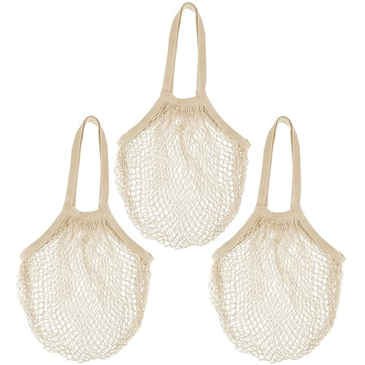 Zyzhogar 3 Pack Cotton Mesh Grocery Bags,Reusable Grocery Net Bags Washable Fruit and Vegetable Storage Bag Long Handle Net Tote Shopping Bags for Farmers Market, Grocery,Shoping or Trip,Beige