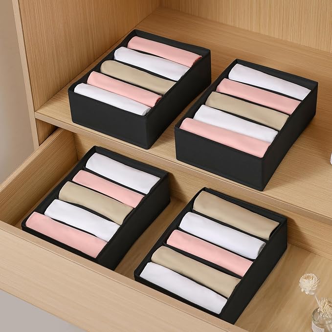 4 Packs T-shirt Drawer Organizers for Clothing,5 Grids Compartment Wardrobe Storage Box, Washable Clothes Organizer for Folded Clothes, T-shirt, Legging, Silk Scarve-Black