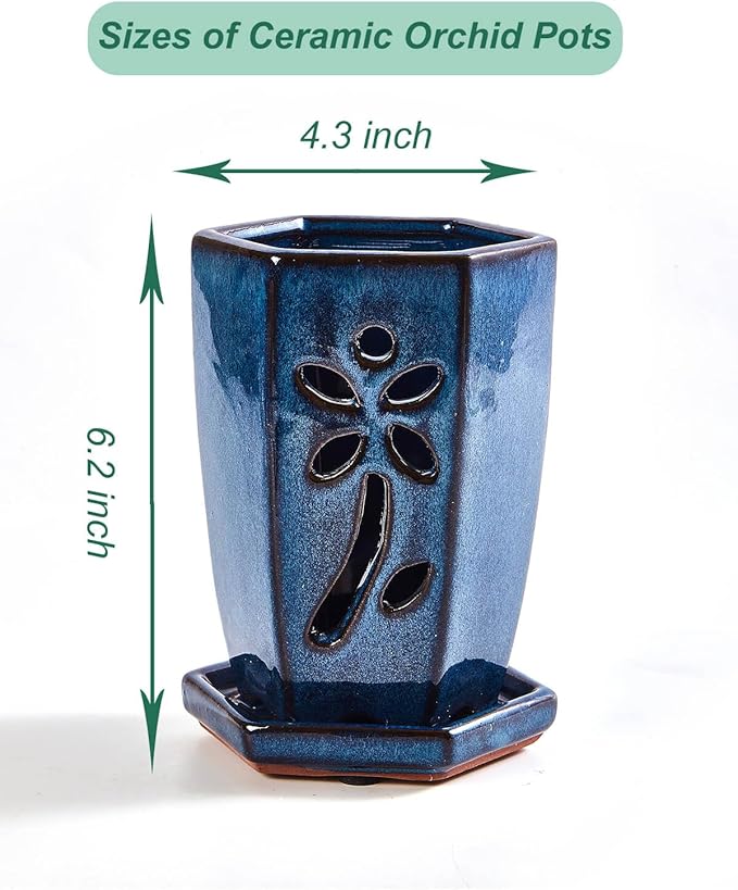 vensovo 4 Inch Ceramic Orchid Pots with Holes and Saucers - 1 Pcs Small Hexagon Succulent Pot for Repotting, Garden Flowerpots for Plants Indoor and Outdoor Promotes Air Circulation, (Blue)
