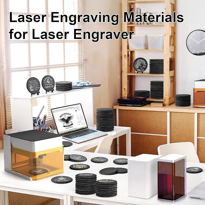 48 PCS Round Slate Drinks Coasters Bulk for Laser Engraving, MAPRIAL 4 Inch Handmade Black Rustic Stone Coaster Laser Blanks with Anti-Scratch Backing for Engraver, Wedding, Gifts, Home Decor, Bar